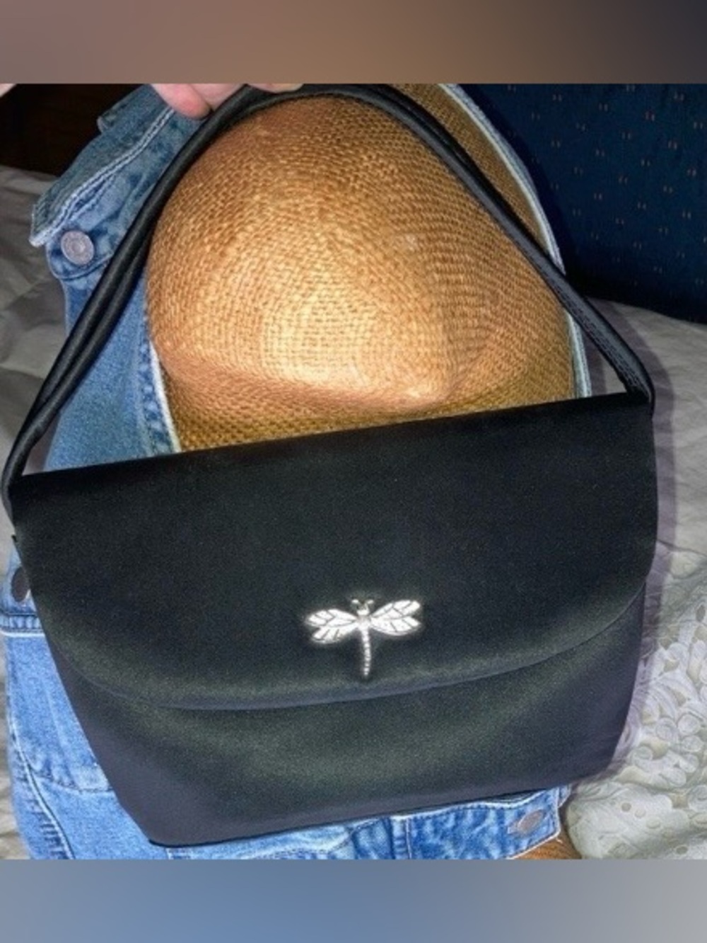 Carolee Black Satin Evening Handbag w/ Rhinestone Dragonfly Measurements in pics